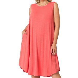 PLUS SLEEVELESS ROUND NECK ROUND HEM MIDI DRESS WITH POCKETS